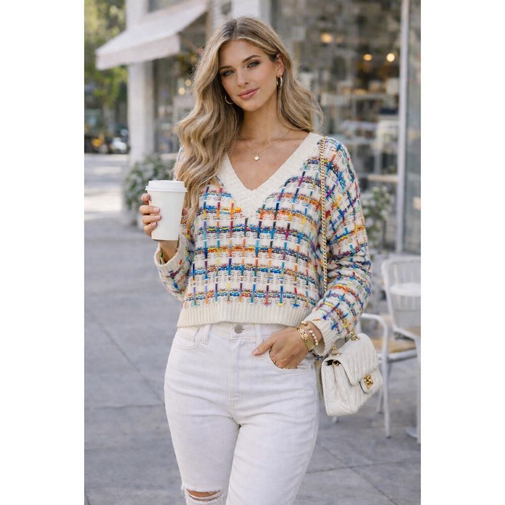 Current Air Long Sleeve V-Neck Knit Pullover Sweater Multicolor Women's Small